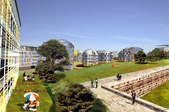 Les jardins - Le projet "HQE" du Fort Numérique. Le futur quartier à Haute Qualité Environnementale prendrait en compte les éléments naturels : soleil, vent, physiologie humaine, etc. et s'engagerait dans l'utilisation de procédés écologiques et d'énergies renouvelables